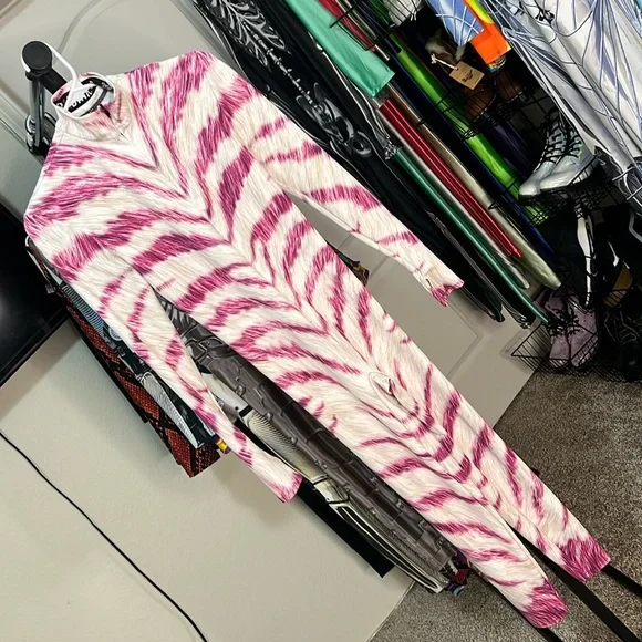 Badinka Pink Zebra Animal Skin Jumpsuit Catsuit Skinsuit Bodysuit Rave - Picture 1 of 3